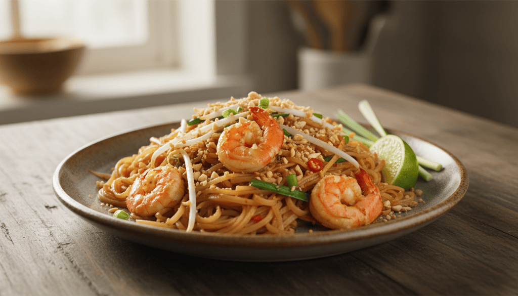 Pad thai de gambas con fideos de arroz, brotes de soja, cacahuetes y lima servido en un plato