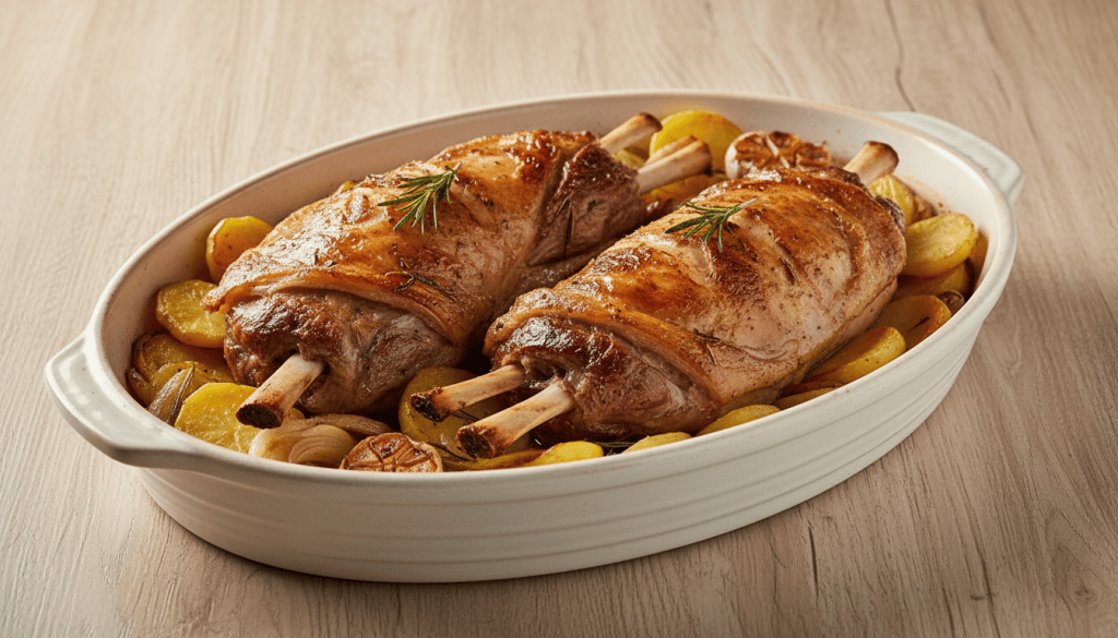 Dos paletillas de cordero asadas al horno con patatas panadera y cebolla, servidas en una fuente completa vista en perspectiva de tres cuartos.