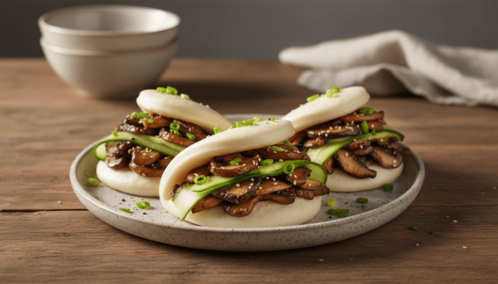 Pan bao al vapor con setas salteadas y pepino encurtido, servidos en una fuente