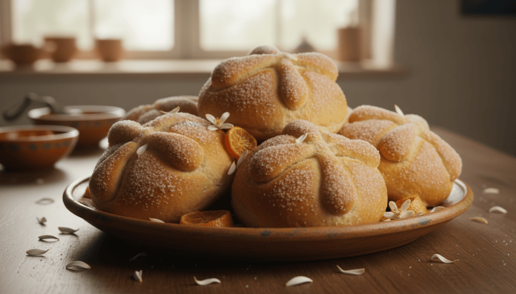 Pan de muerto mexicano tradicional con naranja y azahar, pan dulce redondo decorado con tiras en forma de huesos y azúcar