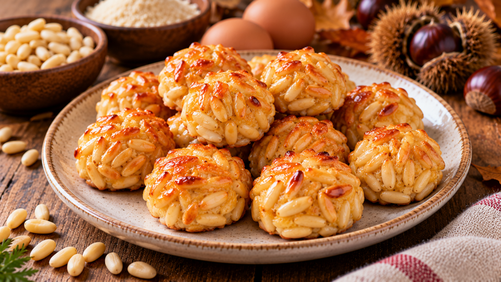 Panellets catalanes tradicionales recubiertos de piñones dorados en un plato de cerámica con castañas y frutos de otoño