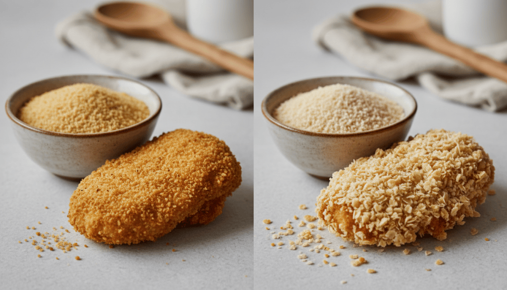 Dos cuencos de panko en copos y pan rallado fino junto a empanados con texturas diferentes, uno más grueso y otro uniforme