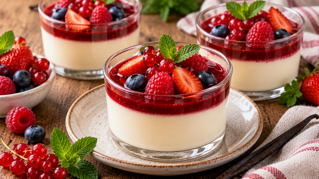 Vasitos de panna cotta de vainilla con coulis de frutos rojos y frutos frescos