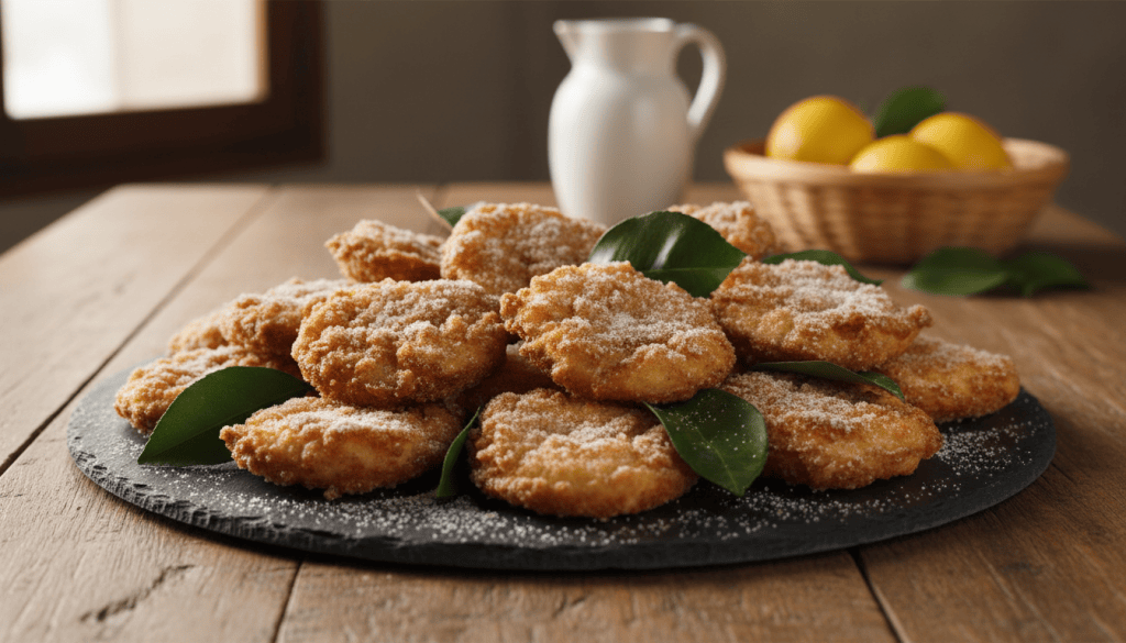 Plato de paparajotes murcianos dorados, rebozados en azúcar y canela, con forma de hoja de limonero