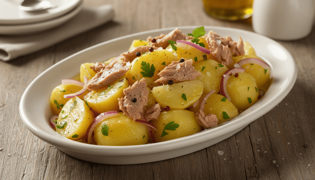 Fuente de papas aliñás gaditanas con melva, patata cocida, cebolleta y perejil
