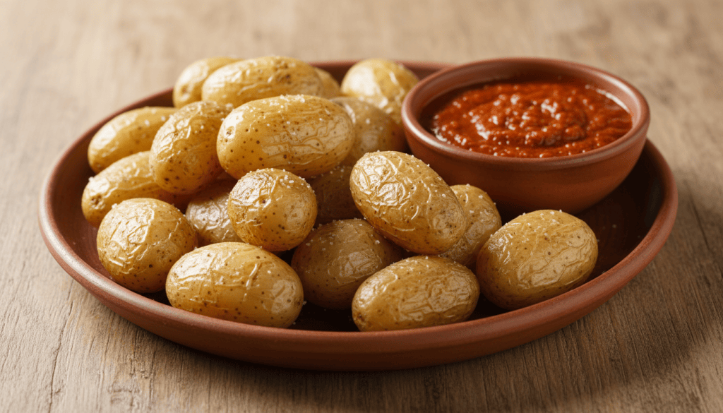 Fuente completa de papas arrugadas canarias con piel y cuenco de mojo picón rojo, centrados sobre mesa de madera