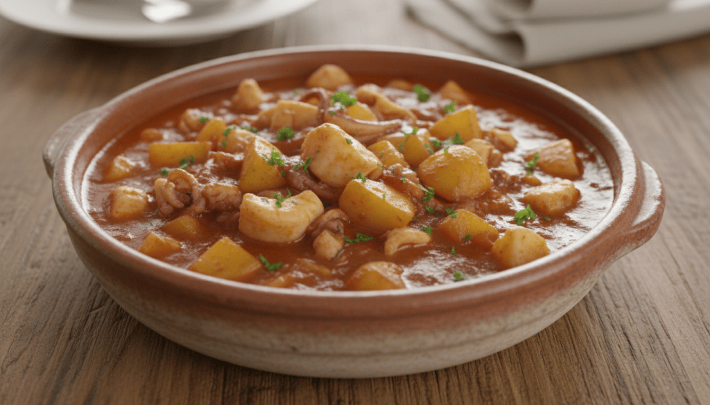 Papas con choco a la gaditana, guiso de sepia y patatas en cazuela con salsa de verduras