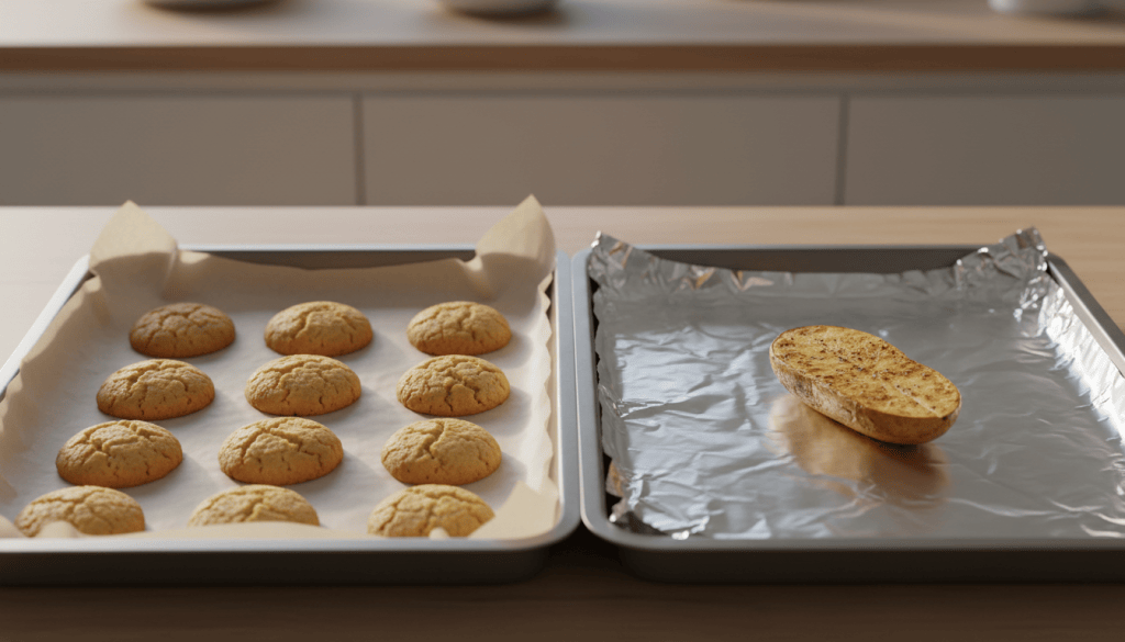 Dos bandejas de horno: una forrada con papel vegetal y galletas, y otra con papel de aluminio y patata asada