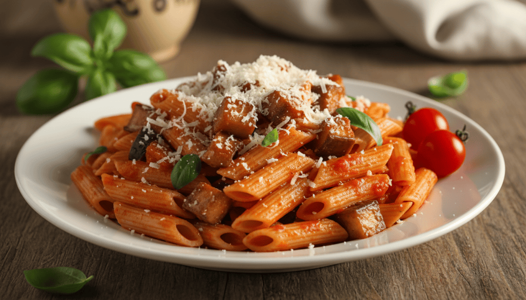 Plato de pasta alla Norma con berenjena dorada, salsa de tomate, ricotta salata rallada y albahaca fresca