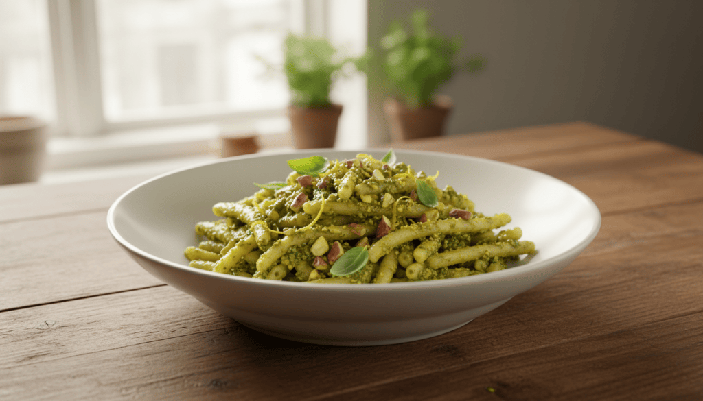 Plato de pasta con pesto verde de pistachos y limón, granillo de pistacho y ralladura de limón