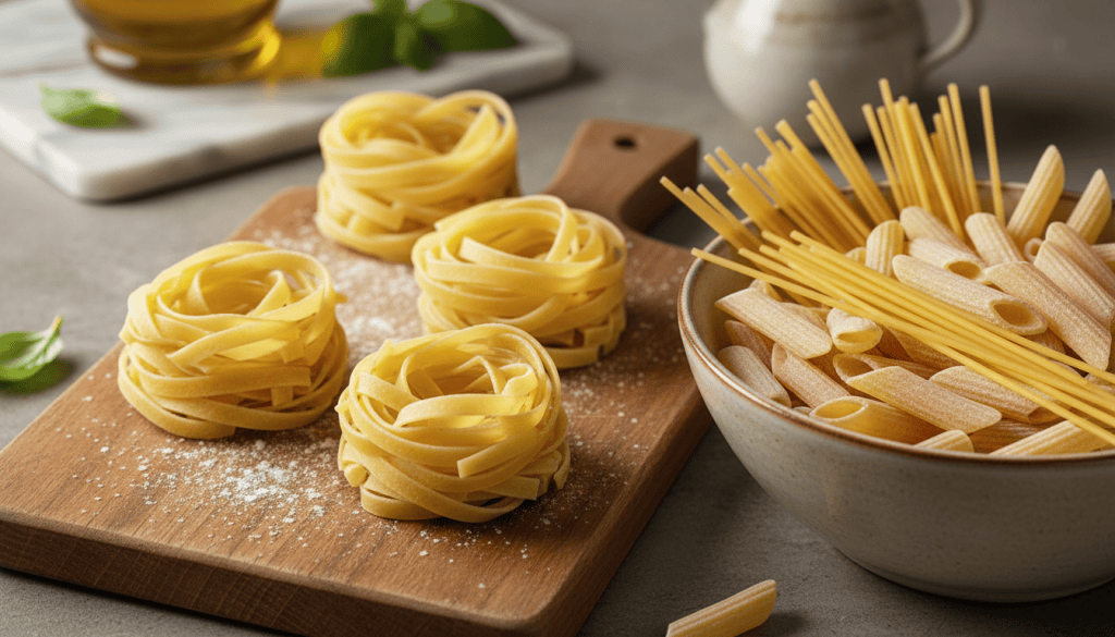 Nidos de tagliatelle frescos junto a espaguetis y penne secos sobre una mesa de cocina