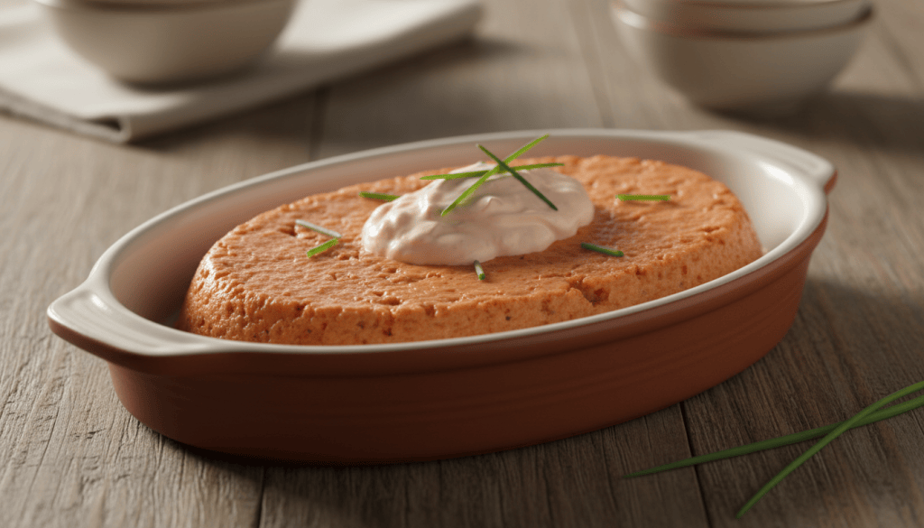 Pastel de cabracho en lonchas servido en una fuente con salsa rosa, sobre una mesa de cocina