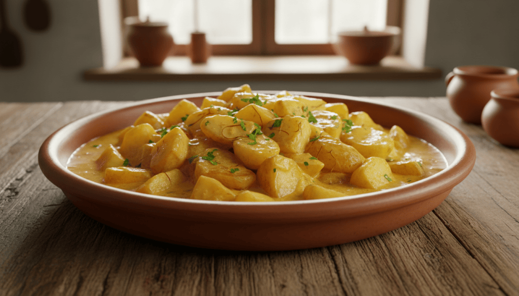 Fuente de patatas a la importancia rebozadas en salsa de azafrán con perejil