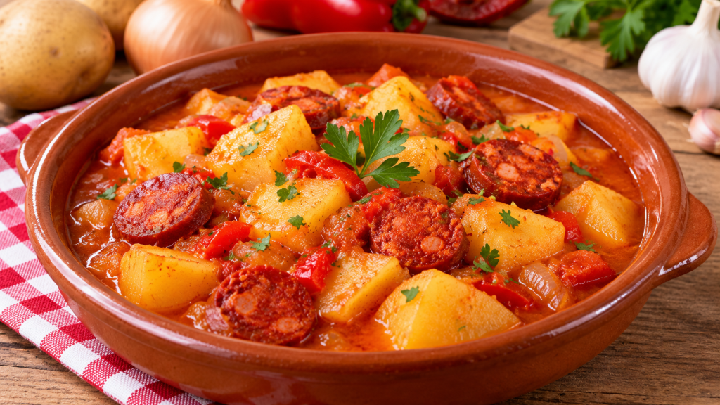 Guiso tradicional de patatas a la riojana con rodajas de chorizo, patatas y caldo rojizo de pimentón en cazuela de barro