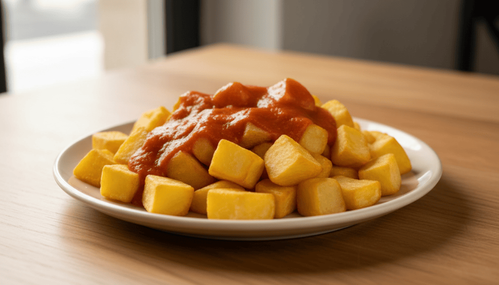 Plato completo de patatas bravas doradas con salsa brava casera de pimentón, fotografiado en perspectiva de tres cuartos.