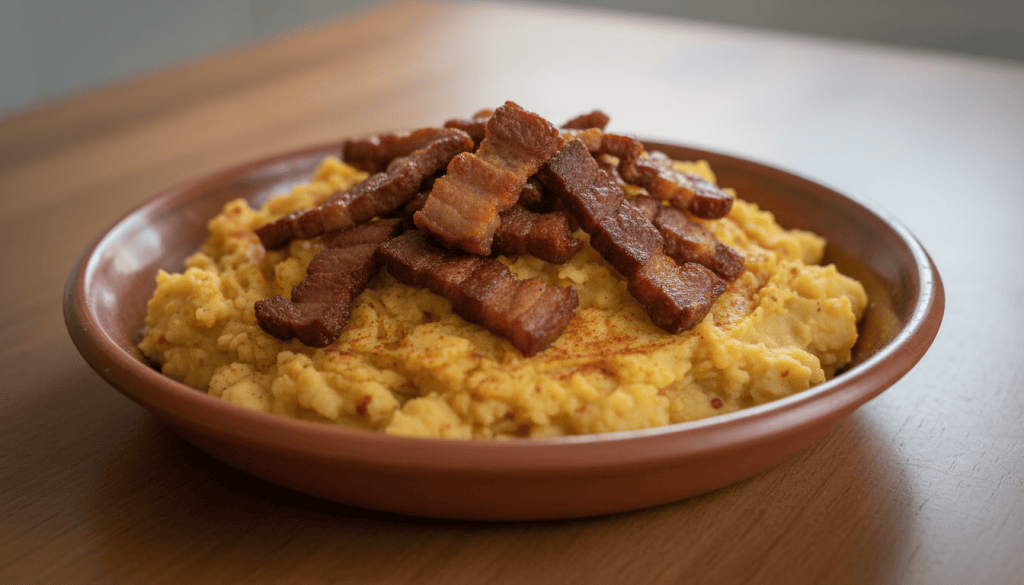 Patatas revolconas rojizas al pimentón con torreznos dorados y crujientes en un plato de barro
