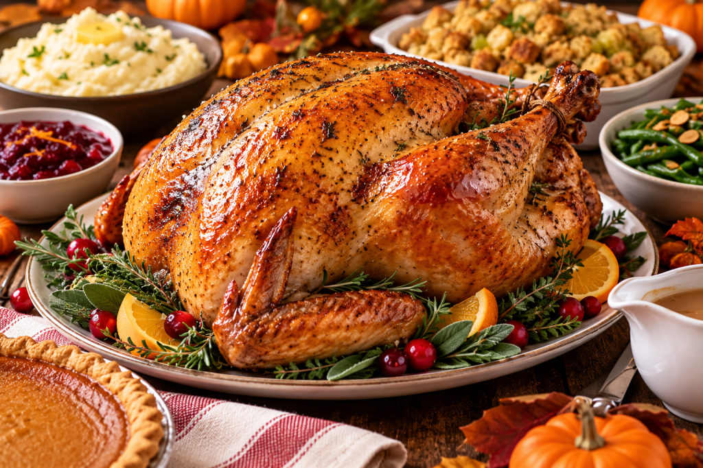 Pavo asado dorado con hierbas y guarniciones tradicionales