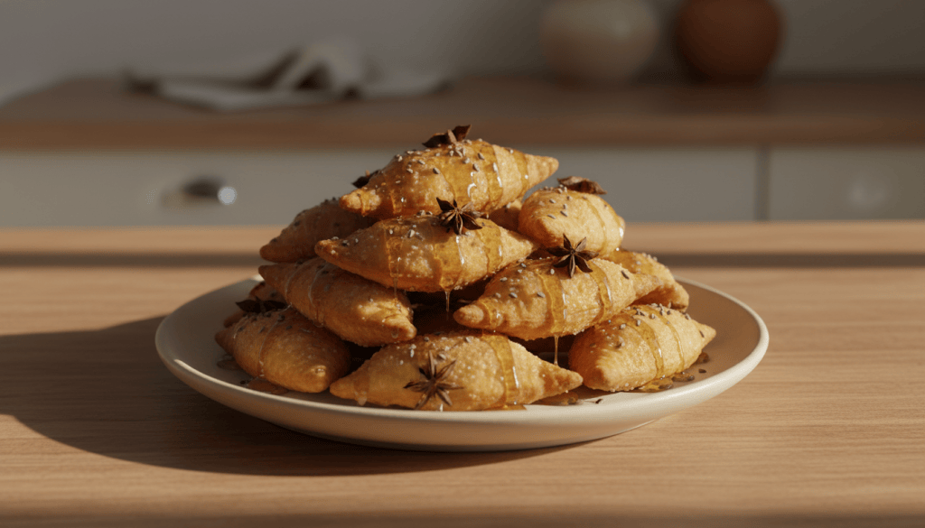 Pestiños andaluces tradicionales dorados, plegados y bañados con miel, servidos en un plato