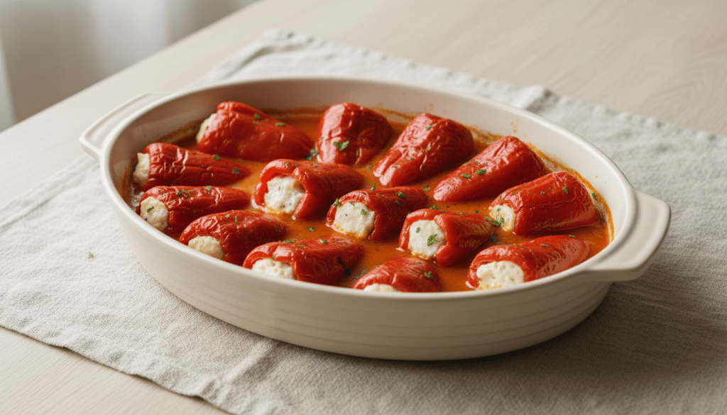 Fuente ovalada con pimientos del piquillo rellenos de bacalao y salsa cremosa de piquillos, vista en perspectiva de tres cuartos.