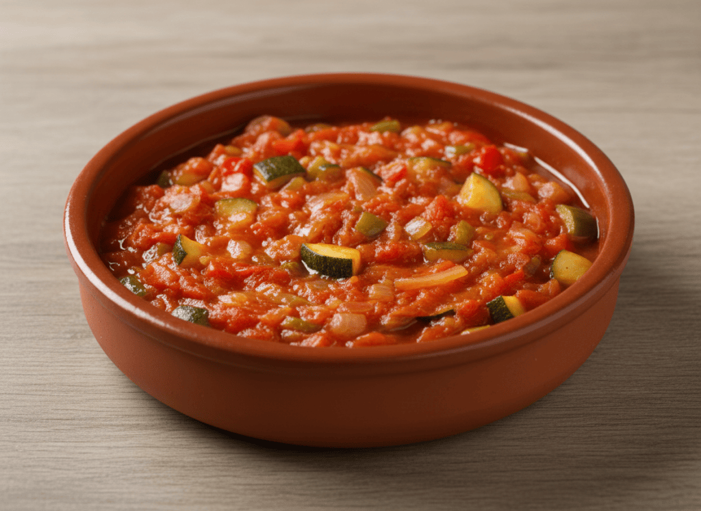 Cazuela de barro con pisto manchego de tomate, calabacín, pimientos y cebolla, vista completa.