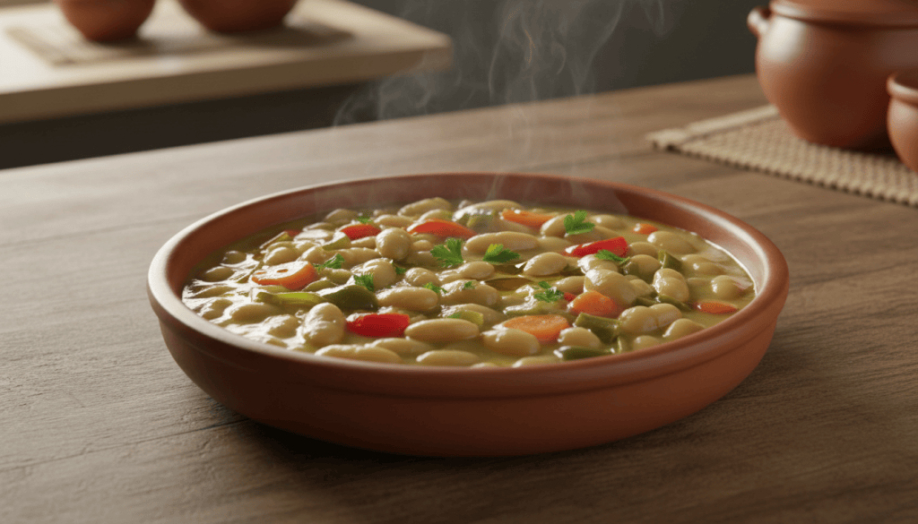 Plato hondo de pochas a la navarra con verduras y caldo ligero, sobre una mesa de cocina