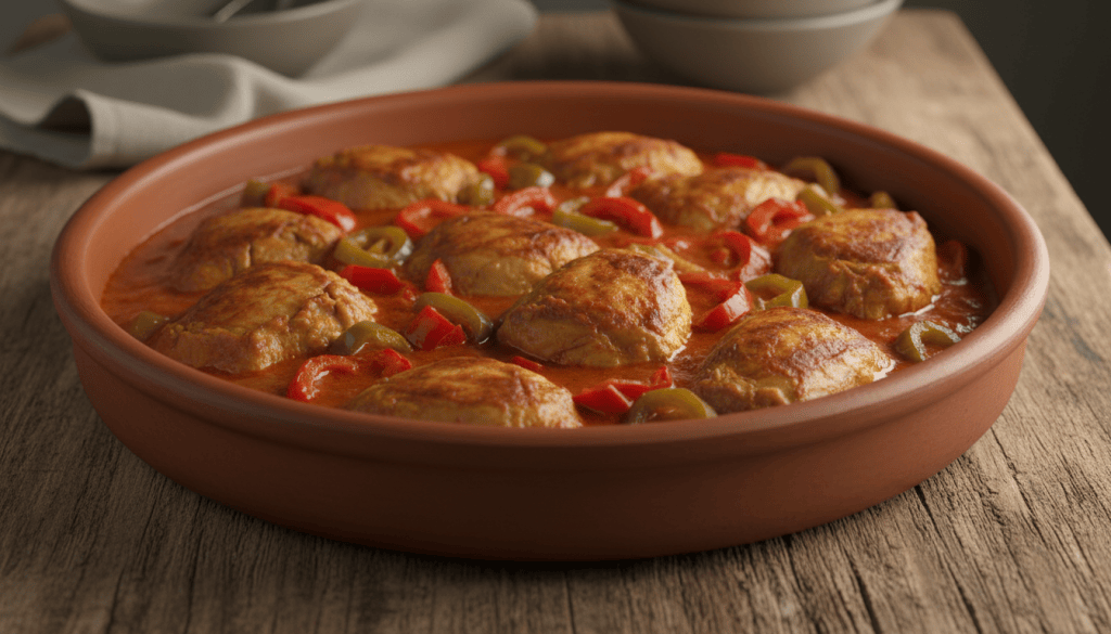 Pollo al chilindrón aragonés con pimientos rojos y verdes y salsa de tomate en una fuente
