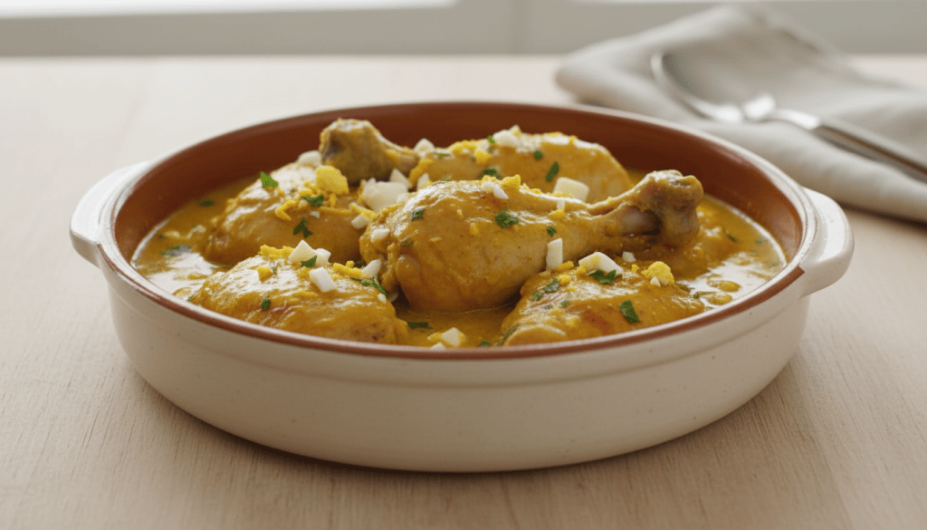 Cazuela completa de pollo en pepitoria con salsa de almendras y azafrán, huevo cocido y perejil, vista en perspectiva de tres cuartos