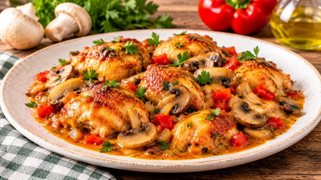 Pollo guisado con champiñones y pimiento rojo: receta casera jugosa y con salsa