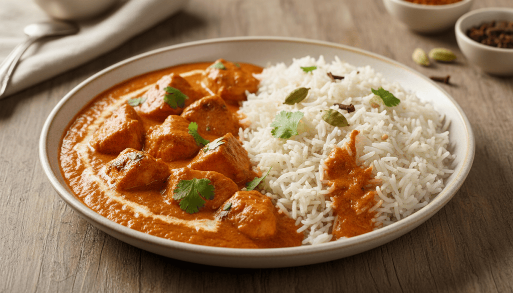 Plato de pollo tikka masala con salsa de tomate especiada y arroz basmati, presentado sobre una mesa de cocina