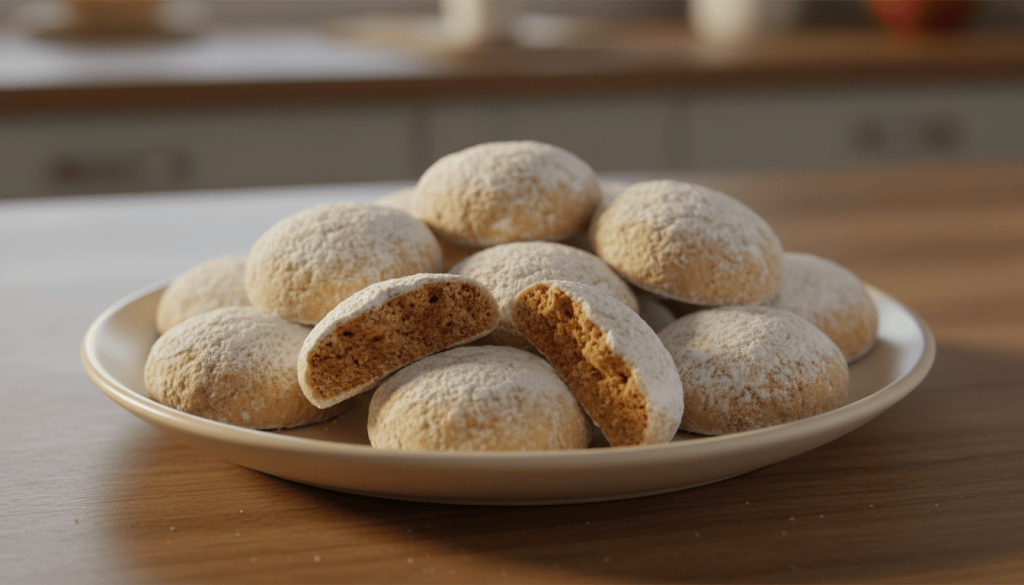 Fuente con polvorones de almendra caseros espolvoreados con azúcar glas