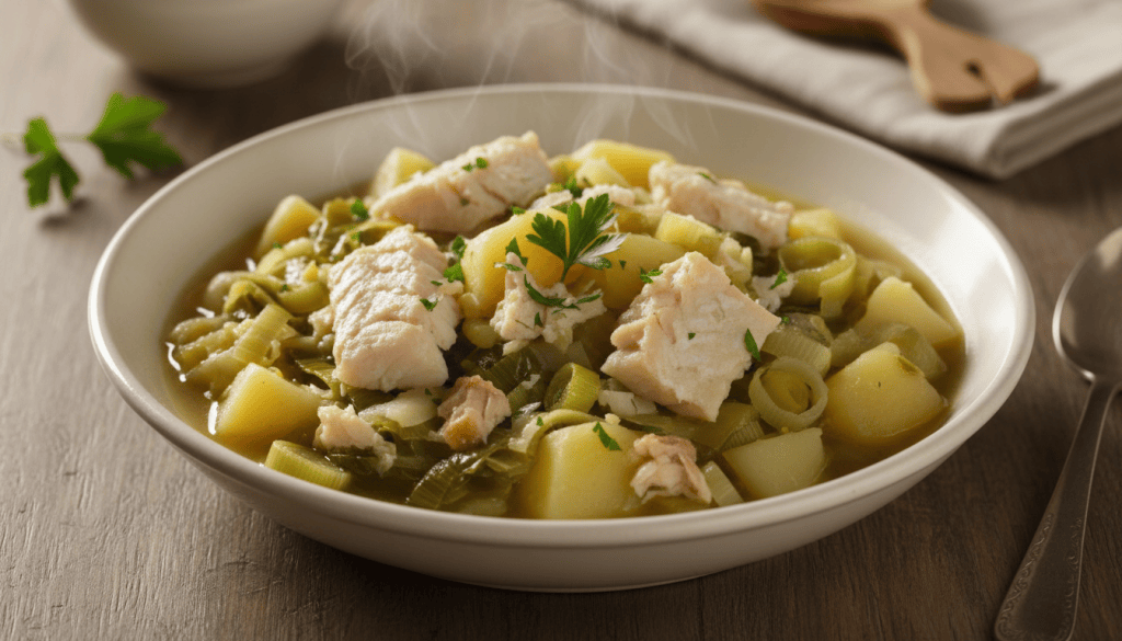 Plato hondo de porrusalda vasca con puerros, patatas, zanahoria y lascas de bacalao en caldo suave