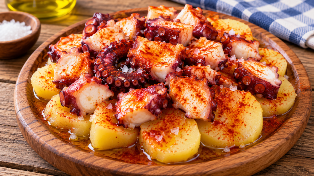 Pulpo a la gallega cortado en rodajas con ventosas visibles sobre cachelos, con pimentón, sal gruesa y aceite de oliva en plato de madera