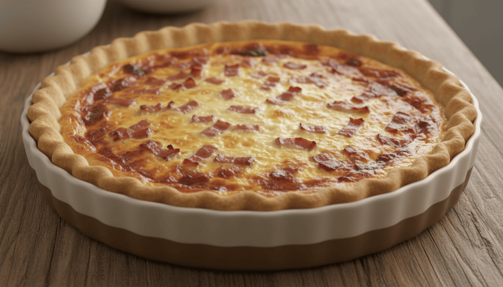 Quiche lorraine tradicional dorada, entera y centrada en una fuente redonda sobre una mesa de cocina