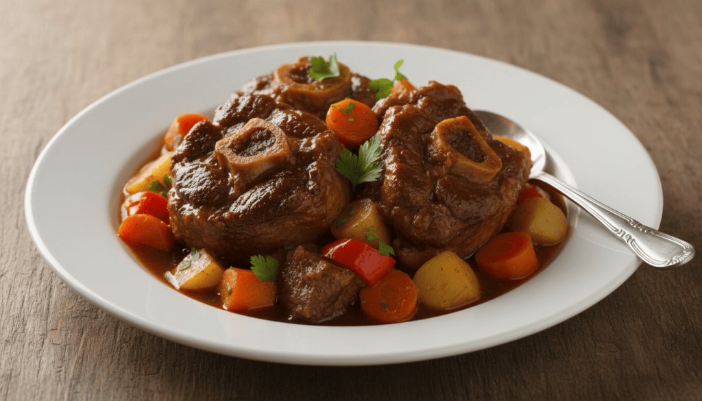 Rabo de toro a la cordobesa guisado con salsa oscura de vino tinto y verduras, servido en una fuente