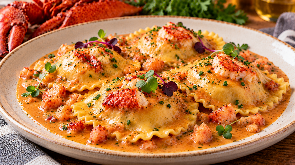 Raviolis grandes de pasta fresca rellenos de bogavante, cubiertos de salsa cremosa anaranjada de marisco, con trocitos de bogavante y hierbas frescas