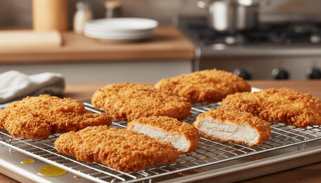 Filetes rebozados dorados y crujientes sobre una rejilla de cocina