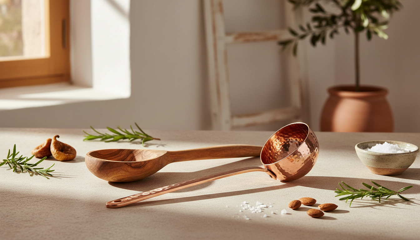 Comparativas: Dos utensilios de cocina diferentes dispuestos en paralelo sobre mesa clara, fotografía de producto gastronómica