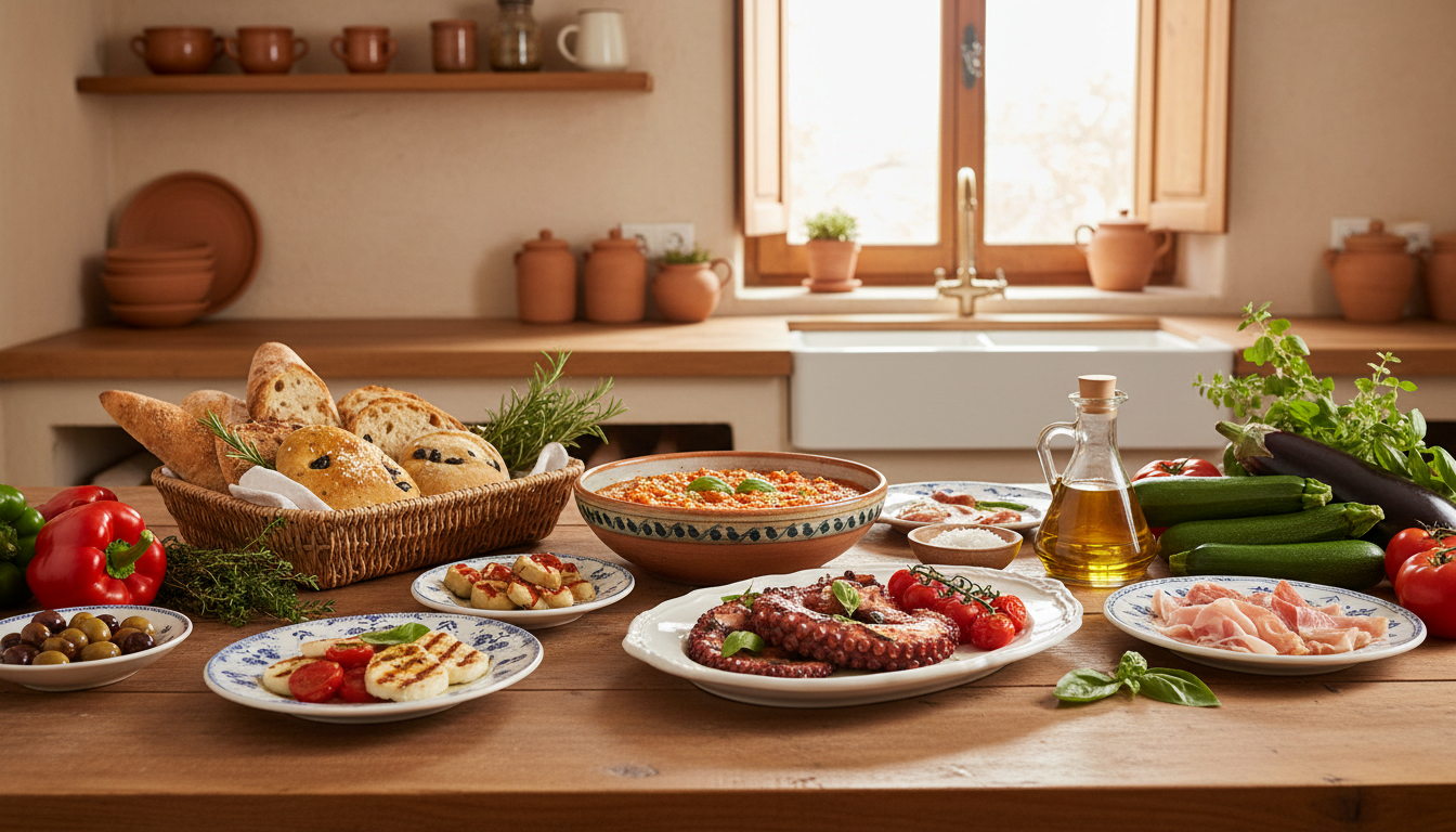 Imagen de Inicio: Mesa mediterránea con platos caseros, verduras frescas, pan artesanal, aceite de oliva y ambiente cálido de cocina doméstica