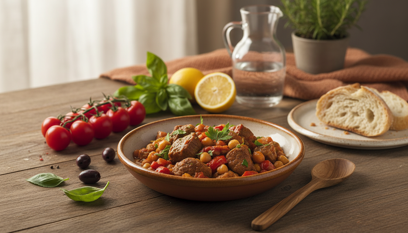 Imagen de Recetas: Plato mediterráneo casero recién cocinado, mesa de madera, ingredientes frescos y vajilla artesanal