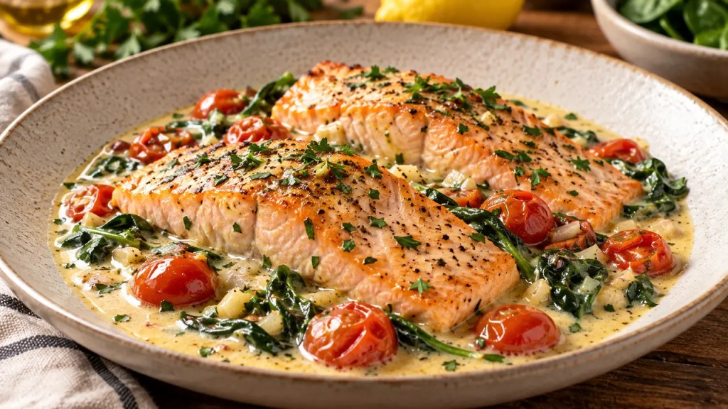 Salmón en salsa cremosa de espinacas y tomates cherry: fácil y jugoso