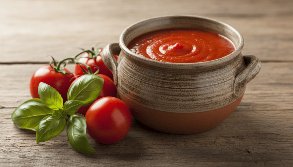 Cazuela de salsa de tomate casera con tomates frescos y albahaca