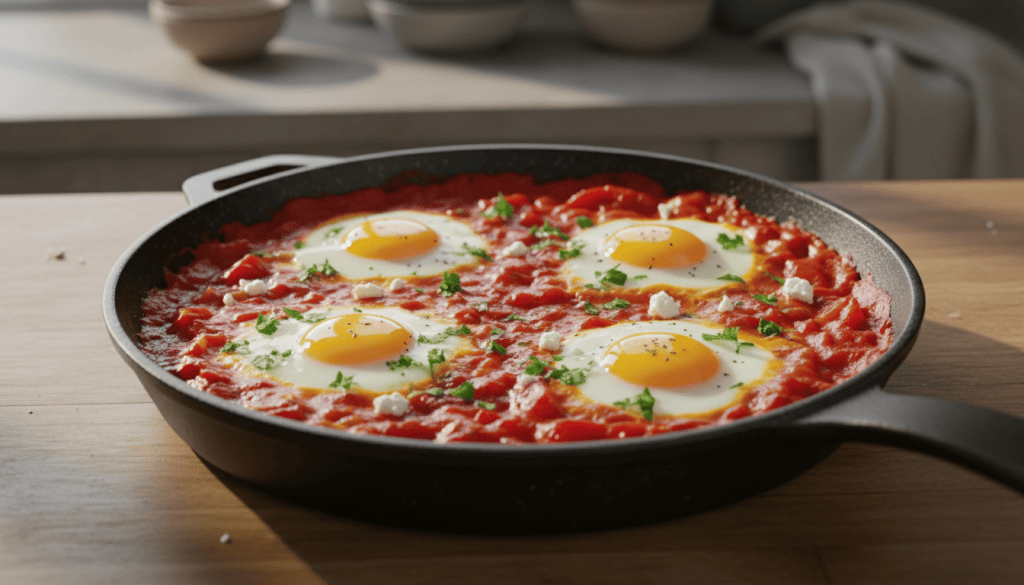 Sartén de shakshuka con cuatro huevos cuajados sobre salsa de tomate y pimientos, decorada con perejil.