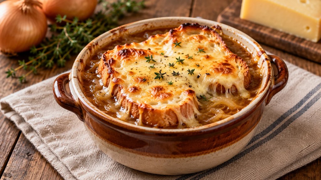 Sopa de cebolla caramelizada en cazuela de cerámica con pan tostado y queso Gruyère gratinado