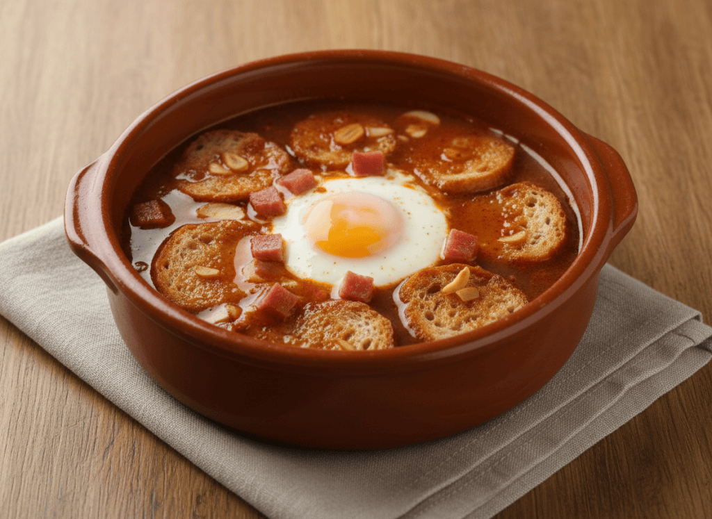 Cazuela de barro con sopa de ajo castellana, pan, pimentón, jamón y huevo cuajado.