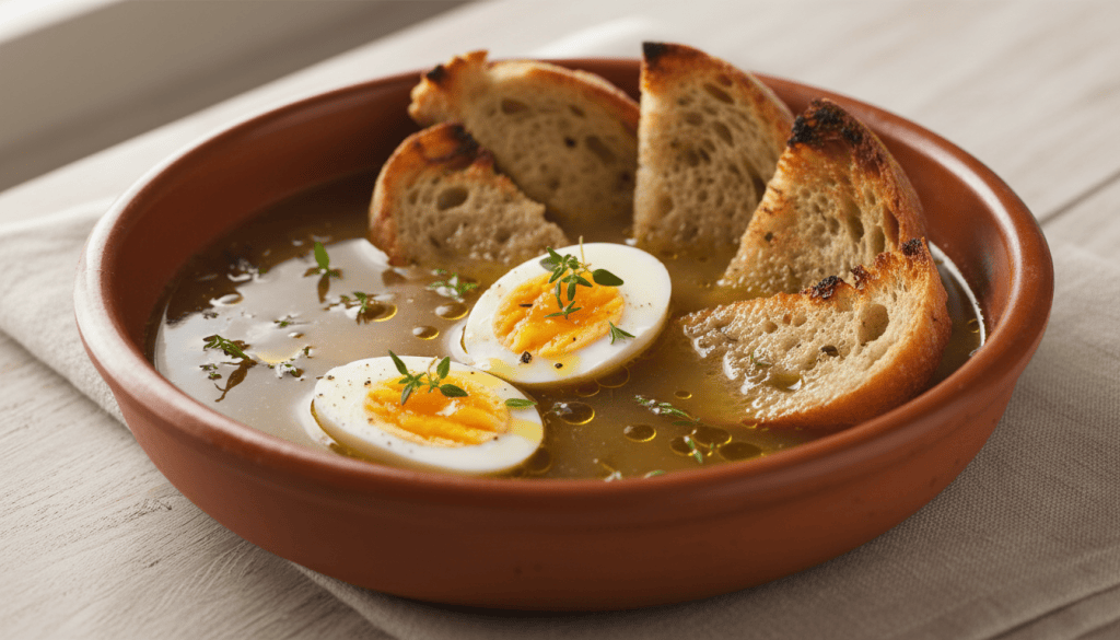 Sopa de farigola catalana con pan tostado y huevo duro, servida en un cuenco