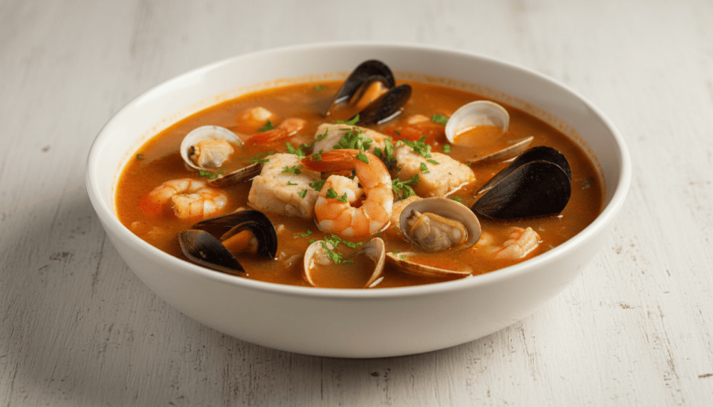 Sopa de pescado y marisco en cuenco completo con merluza, gambas, mejillones y almejas