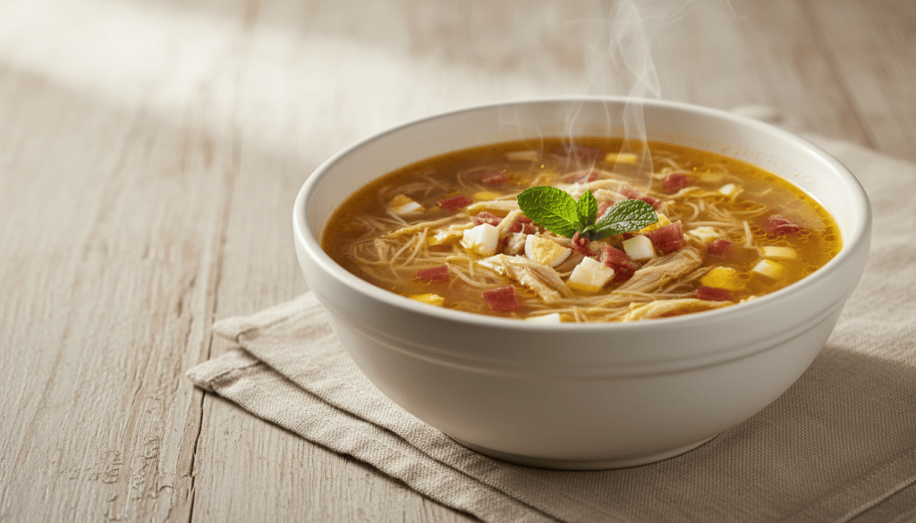 Cuenco completo de sopa de picadillo andaluza con fideos finos, pollo desmenuzado, jamón serrano, huevo duro y hierbabuena, fotografiado en perspectiva de tres cuartos.