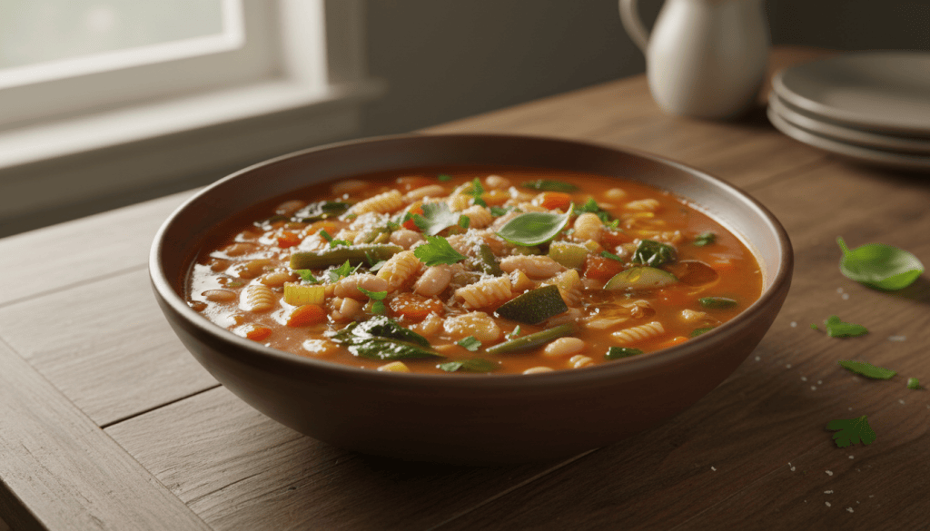 Cuenco centrado de sopa minestrone italiana con verduras, alubias blancas y pasta corta, sobre una mesa con luz natural.