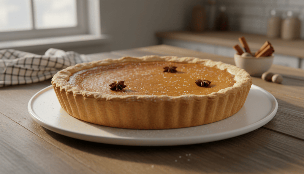 Tarta de calabaza especiada con masa quebrada dorada, entera y sobre una fuente