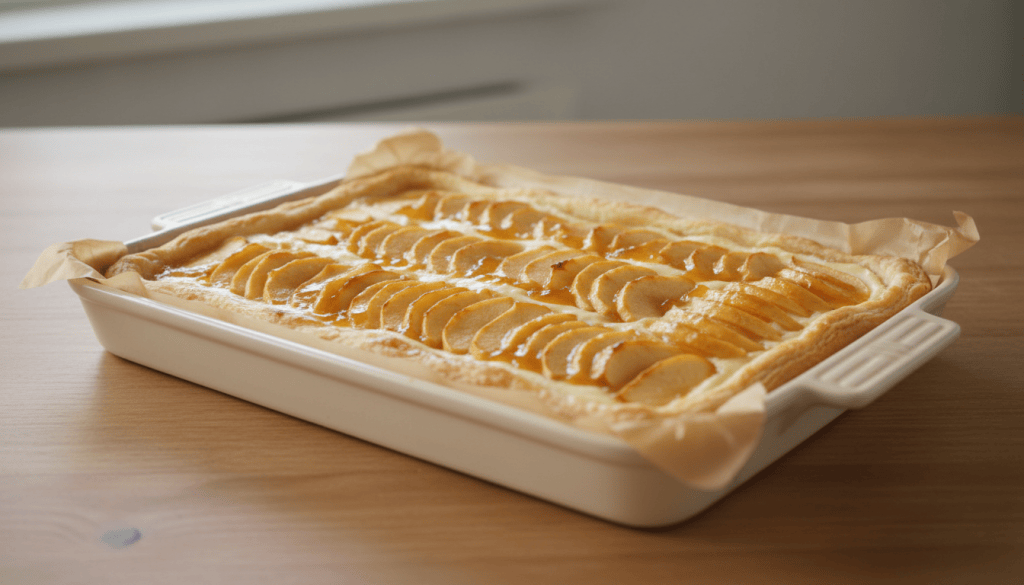 Tarta de manzana entera con hojaldre dorado y crema pastelera, fotografiada en perspectiva de tres cuartos.